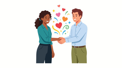 Fototapeta premium Two diverse people warmly shaking hands, surrounded by colorful hearts and swirling lines, symbolizing successful collaboration, trust, and a friendly agreement