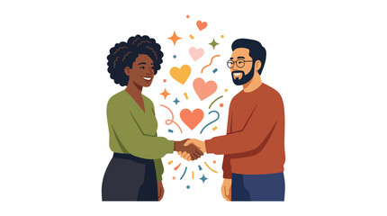 Fototapeta premium Diverse man and woman warmly shaking hands with floating heart symbols and decorative sparkles representing a positive connection or partnership