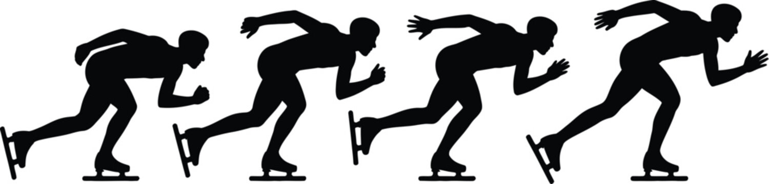 Speed skating, silhouette, black athlete figure gliding on ice in fast racing motion for winter sports graphics competition and athletic themes.