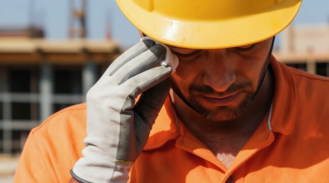 Construction worker wipes sweat from forehead with gloved hand. Man wears yellow hard hat and orange shirt. He looks tired from hard outdoor work under summer sun.