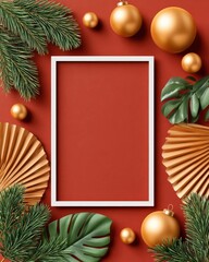 Obraz premium Minimal Christmas social media background with red frame, gold baubles and evergreen foliage