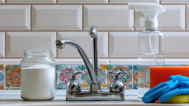 Clear glass jar with white cleaning powder beside kitchen sink faucet spray bottle microfiber cloth for home hygiene and surface maintenance