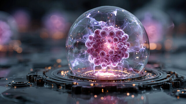 Concept molecular assembler device with levitating neon holographic schematics advanced nanotechnology lab environment futuristic molecular engineering visualization and nanoscale innovation