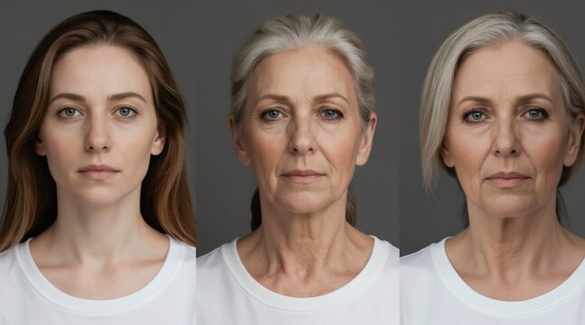 Triptych shows one woman at different ages young adult, middle-aged, senior. Faces reveal skin changes, aging progression over time. Comparison of female life stages, from youth to old age, showing