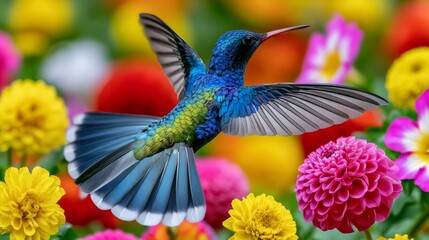 Fototapeta premium Vibrant Hummingbird Suspended Midair Among Colorful Bright Flowers in Nature's Breathtaking Scene