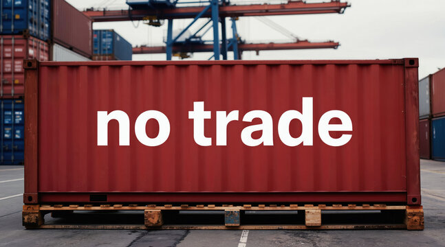 Red cargo container with no trade text sits in busy shipping yard. Symbolizes halted commerce, trade restrictions, and import export issues. Global supply chain problems.