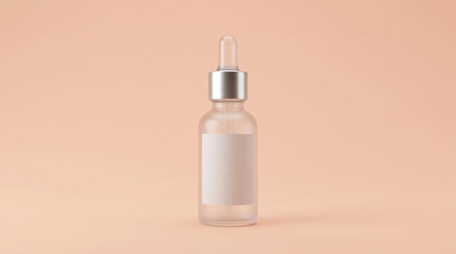 Frosted glass cosmetic dropper bottle with blank label on peach background for skincare serum packaging design.