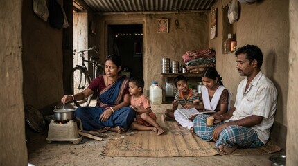 Obraz premium A family sitting in a small, dimly lit room with a wooden floor and a wall with a window and a door.