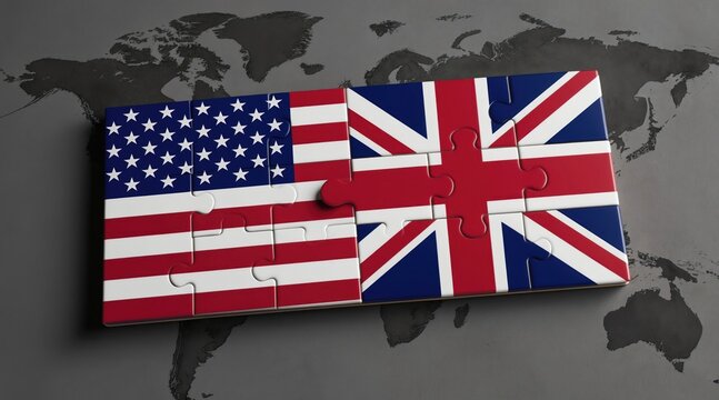 US and UK flags form jigsaw puzzle pieces. Nations connect on world map. Symbolizes global partnership diplomacy and alliance. Strong bond between countries.