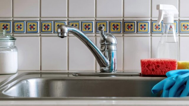 Clean modern kitchen sink with stainless steel faucet against decorative tile backsplash with cleaning sponge glove and spray bottle for hygiene
