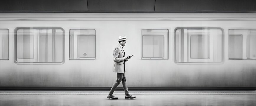 Man in hat walks past train, using phone. Black & white. Focused