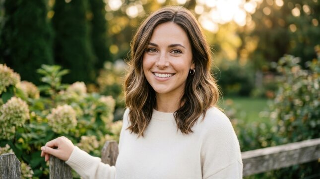 A woman with shoulder-length brown hair, wearing a white sweater, standing in a garden with greenery and flowers.