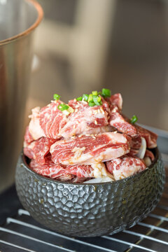 Raw preprocessed Korean barbecue beef ingredients in bowl