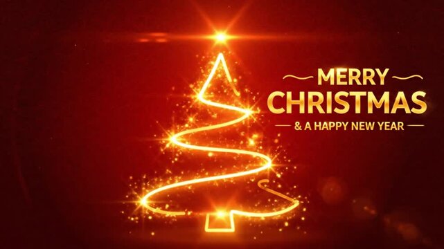 Glowing gold neon Christmas tree on a red background as a perfect festive video card for new year celebrations