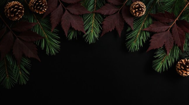 Dark backdrop with pine branches and burgundy leaves. Pinecones placed along the top edge create a natural border. Minimalist composition highlights textures and rich colors.