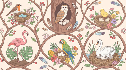 Fototapeta premium Whimsical Bird Illustration Pattern with Various Species Nests and Eggs on Floral Vines