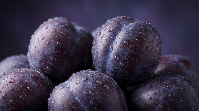 Fresh Ripe Purple Plums Covered in Water Drops Macro Shot