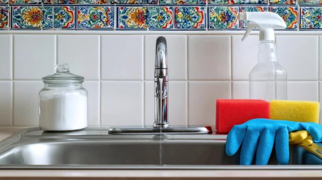Clean kitchen sink area with chrome faucet, colorful tile backsplash, glass container of powder, cleaning spray bottle, rubber gloves, and sponges
