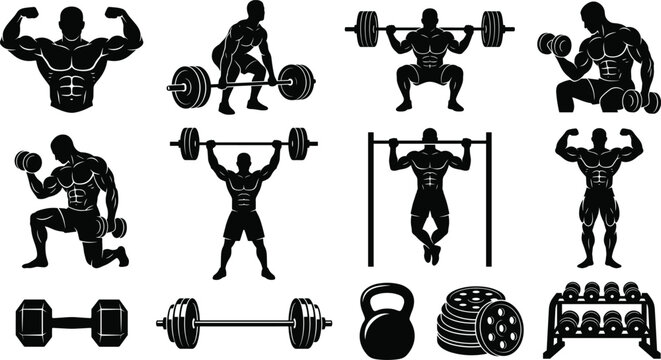 Bodybuilding and fitness silhouette vector icon set featuring bodybuilders lifting barbell dumbbell kettlebell rack weight plates pull up for gym workout logo design