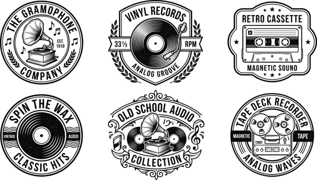 Vintage retro music badges vector icon set featuring old gramophone audio cassette tape vinyl record lp reel deck recorder for nostalgic logo design