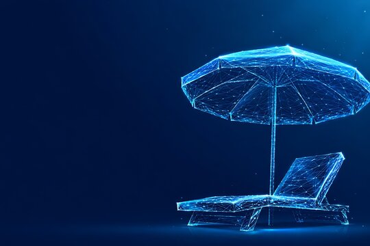 Low poly wireframe rendering of a beach lounge chair and parasol. low poly summer travel & vacation with umbrella relaxation wireframe polygonal. low poly summer travel & vacation