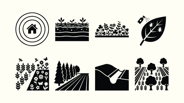 Black glyph agriculture permaculture and sustainable farming icon set vector