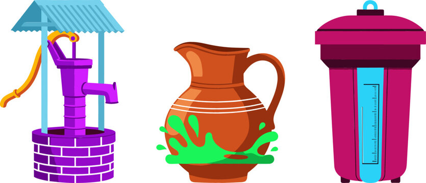 Traditional Village Tube Well Water Icon Set with Terracotta Clay Pitcher Jug and Modern Countertop Water Filter Purifier Vector Illustrations