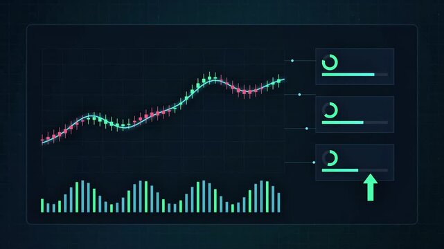 Financial trading dashboard animation with a fluctuating candlestick chart, moving volume bars, and loading indicators on a dark grid background.