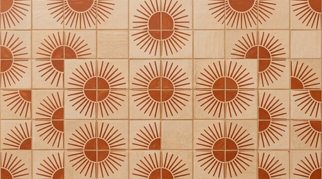 Seamless pattern with sun symbols in brown and beige tones on square tiles