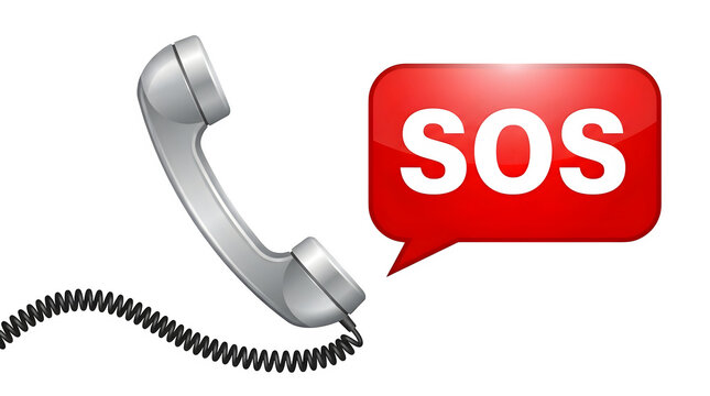 Silver telephone with sos speech bubble on transparent background