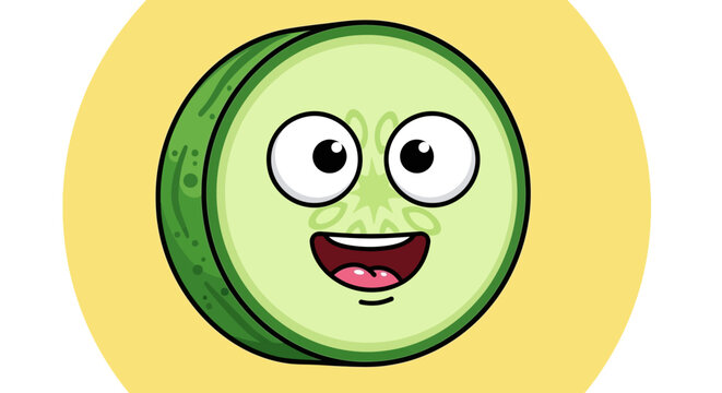 Funny cartoon cucumber slice with big eyes and open mouth, yellow circle background