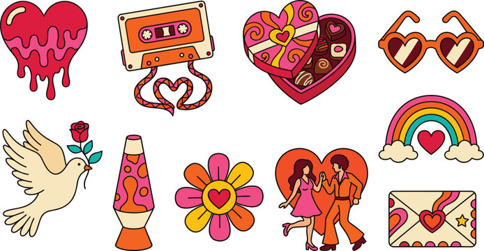 Retro Groovy Valentine Day Sticker Set with Hippie Hearts Cassette Lava Lamp and Romantic Couple Characters