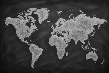 Naklejka premium World map drawn in chalk on blackboard classroom surface