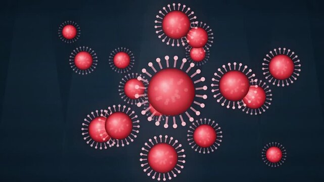 Multiple red virus cells and microscopic pathogens floating smoothly on a dark background in a seamless medical animation.