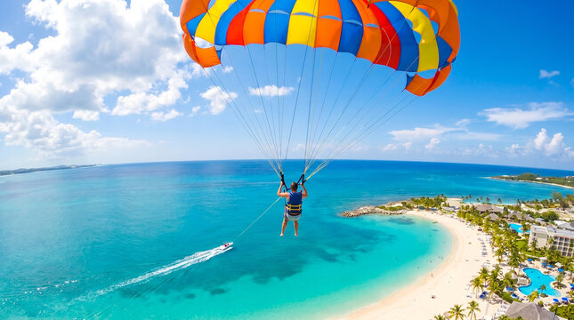 Person parasailing with colorful striped canopy, with aerial view of speedboat towing over turquoise water, gliding high in the air, tropical island beach resort under blue sky, travel adventure