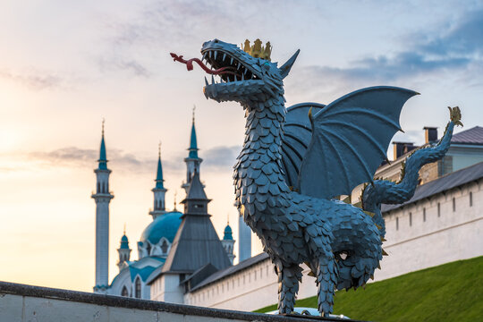 Dragon Zilant - the symbol of the city of Kazan and the Kul Sharif mosque of the Kazan Kremlin. Russia. Summer evening view