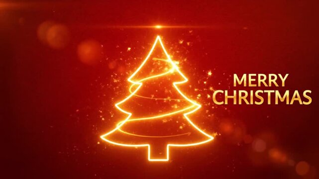 Glowing gold neon Christmas tree on red textured background as a perfect festive video card for new year greeting