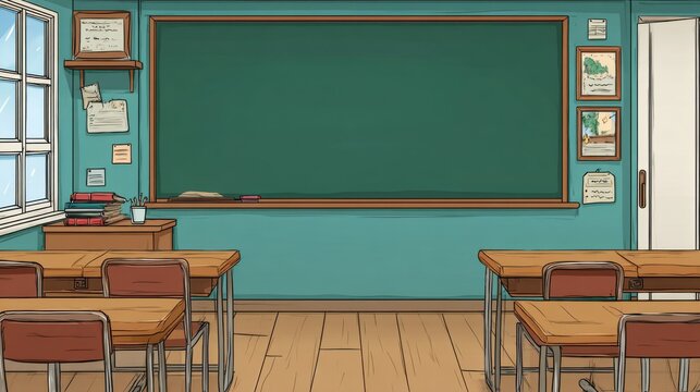 Empty Classroom with Green Chalkboard and Desks, Ready for Learning and Teaching