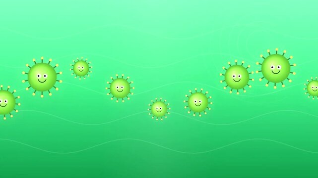 Cute green virus cartoon characters with smiling faces floating smoothly on a gradient green background in a seamless loop animation.