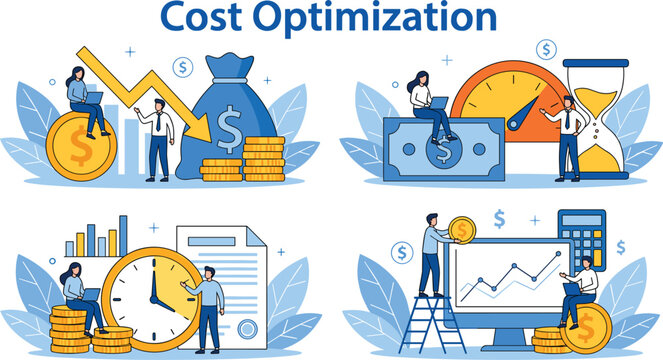Cost optimization infographic collection with flat vector business characters analyzing financial budget reduction and time tracking management charts