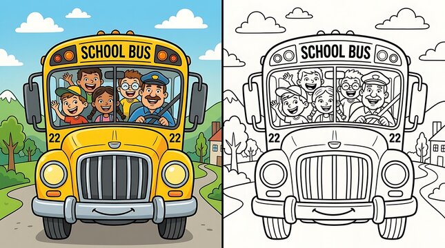 Cartoon school bus with happy children and driver kids