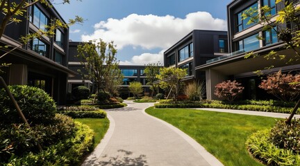 Fototapeta premium Modern apartment complex courtyard with contemporary buildings, manicured green lawns, winding paved walkway. Rich trees, shrubs surround pathways creating serene natural environment. Bright sky with