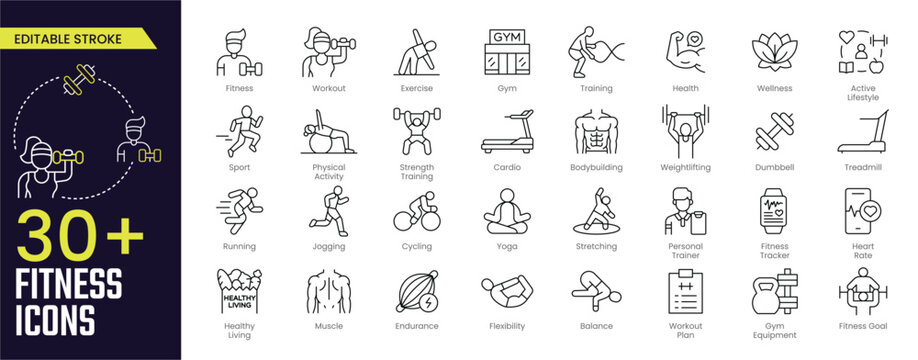 Fitness Stroke icon collections. Containing fitness, family, workout, exercise, gym, training, physical activity, health, wellness, active lifestyle, and sport icons. Editable Stroke icon collection