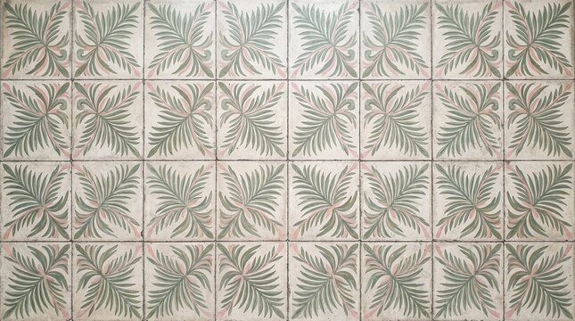 Decorative ceramic wall tiles with grey fern leaf pattern and square texture