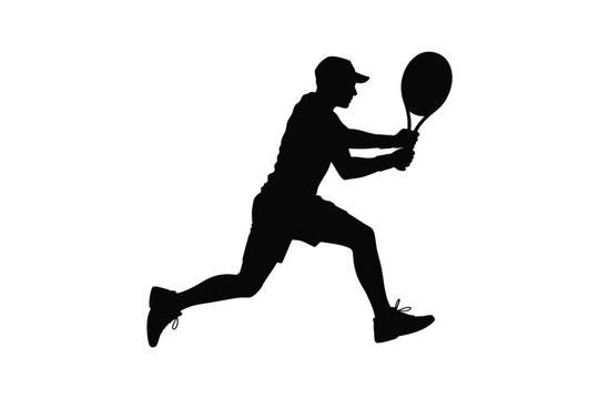 Dynamic tennis player silhouette vector graphic illustration capturing a male athlete in mid-action forehand stroke a powerful isolated black figure against a pristine white background representing sp