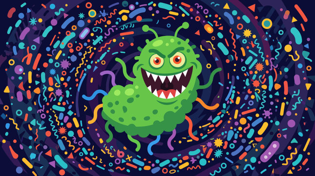 Vibrant cartoon microbe in colorful background.