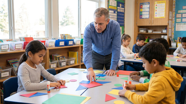 Elementary teacher guiding diverse students in hands-on math activity with colorful geometric shapes, encouraging collaboration, problem solving, STEM learning, and skill development.
