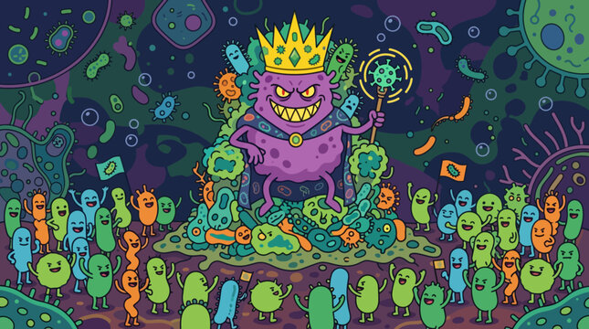 Vibrant illustration of a purple monster king surrounded by colorful microbes.