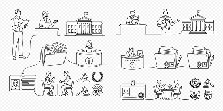 Government services and bureaucracy concept with people, documents, and buildings in a continuous line art style.