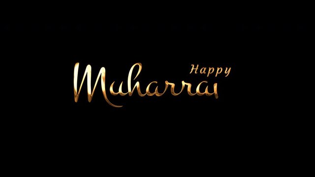 Golden text happy muharram calligraphy on black background, suitable for religious holiday greeting cards with elegant typeface design.
